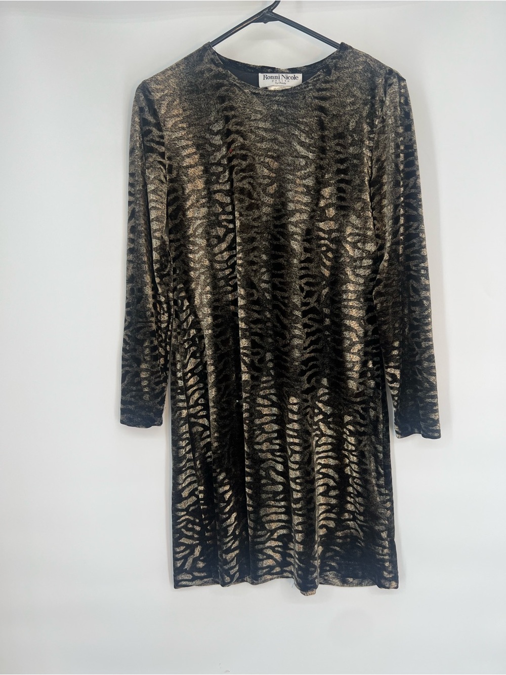 Vintage Ronni Nicole Black Animal Print Velvet Dress Long Sleeve Party Size 12